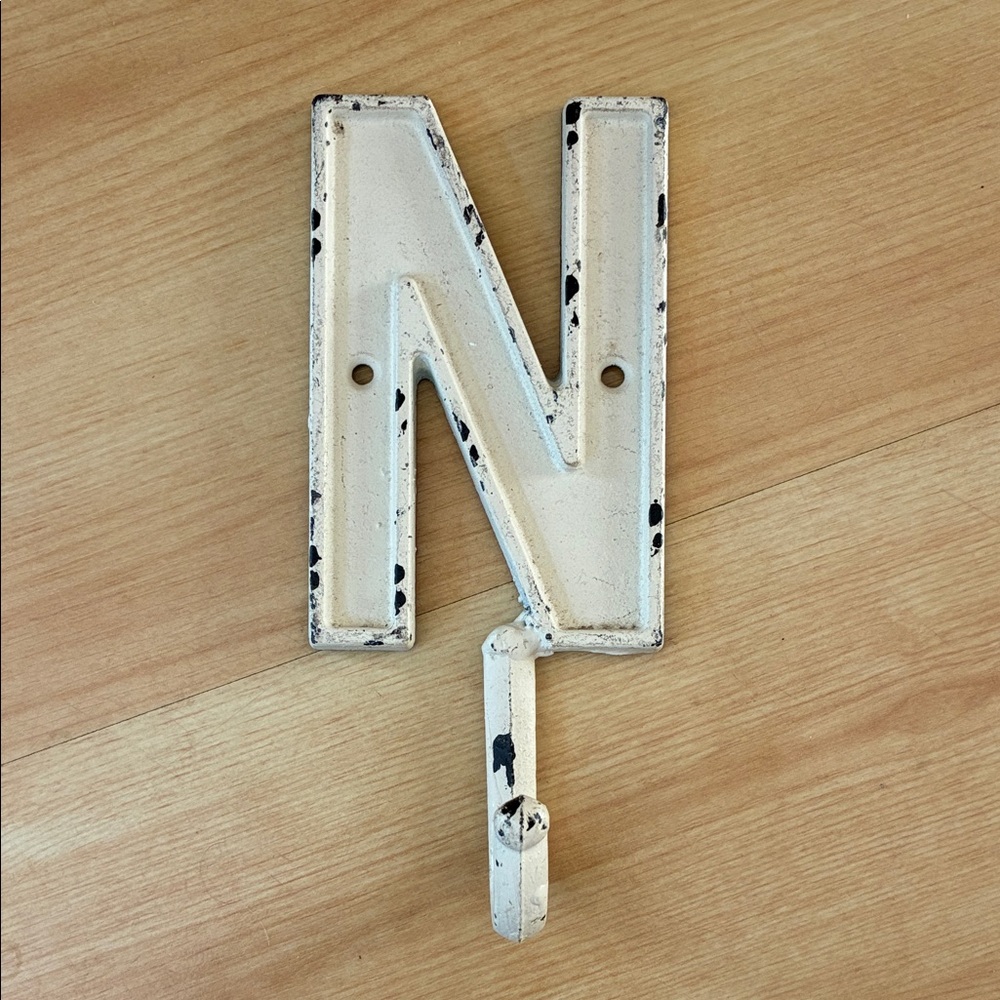 Vintage Style Ivory Cream Cast Iron Initial Letter N Wall Hook